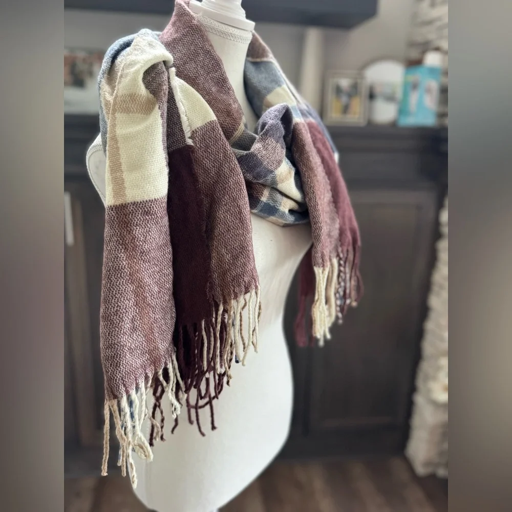 Plaid Fringe Scarf in Cream and Brown Maroon